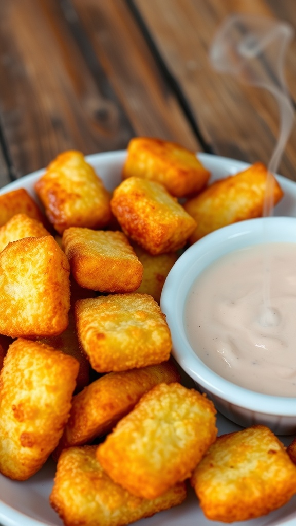 Crispy potato nuggets served with dipping sauce on a rustic wooden table.